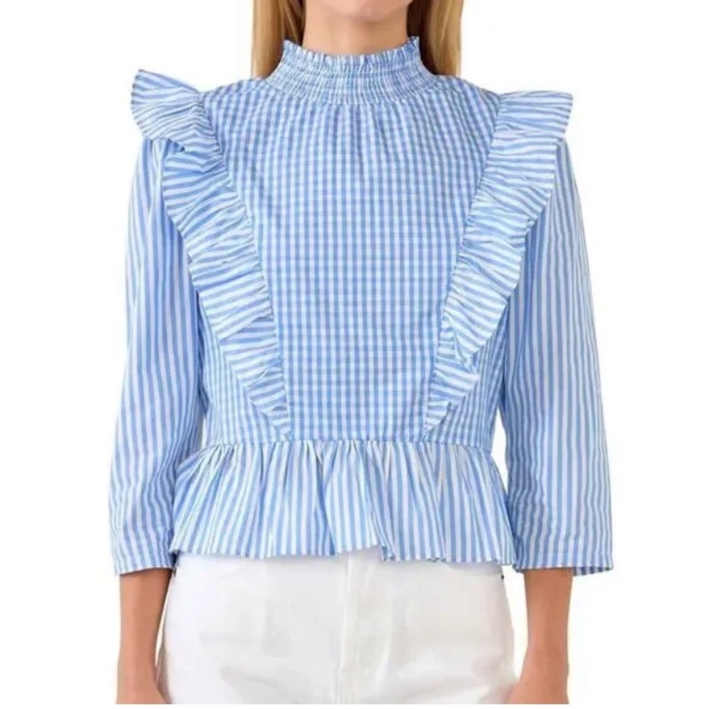 New: English Factory Blue Gingham Ruffle Blouse. Size XS